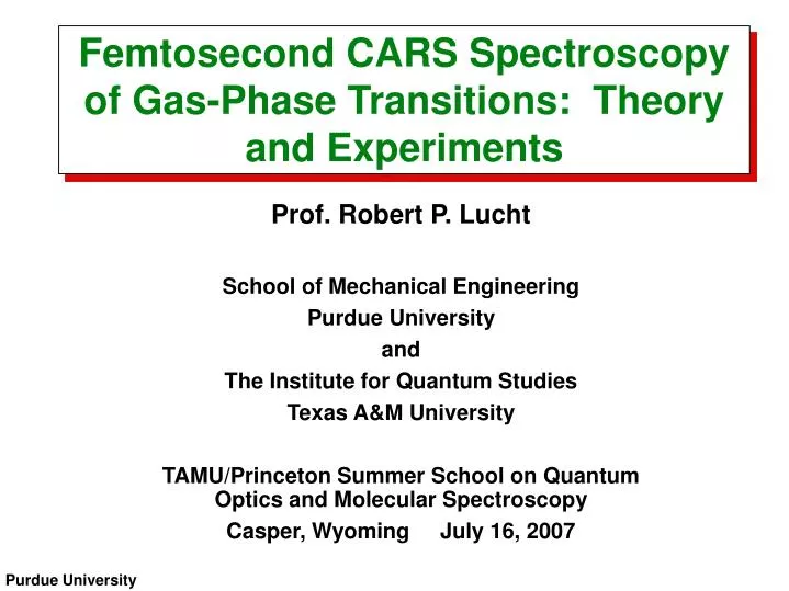 femtosecond cars spectroscopy of gas phase transitions theory and experiments