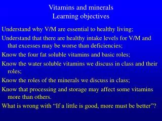 Vitamins and minerals Learning objectives