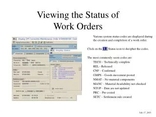 Viewing the Status of Work Orders