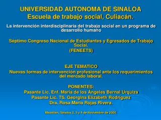 UNIVERSIDAD AUTONOMA DE SINALOA Escuela de trabajo social, Culiacán.