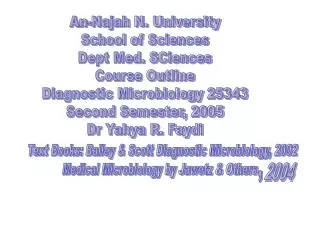 An-Najah N. University School of Sciences Dept Med. SCiences Course Outline Diagnostic Microbiology 25343 Second Semeste