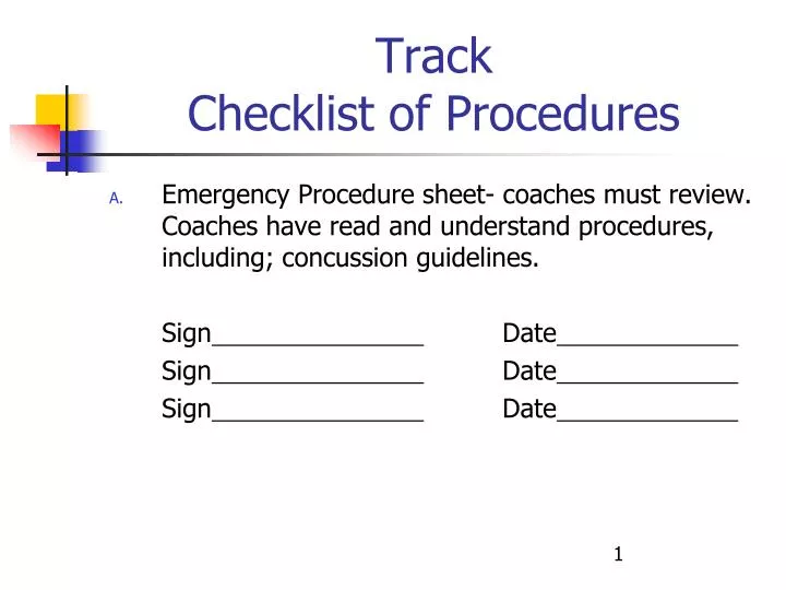 track checklist of procedures