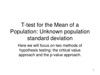 T-test for the Mean of a Population: Unknown population standard deviation