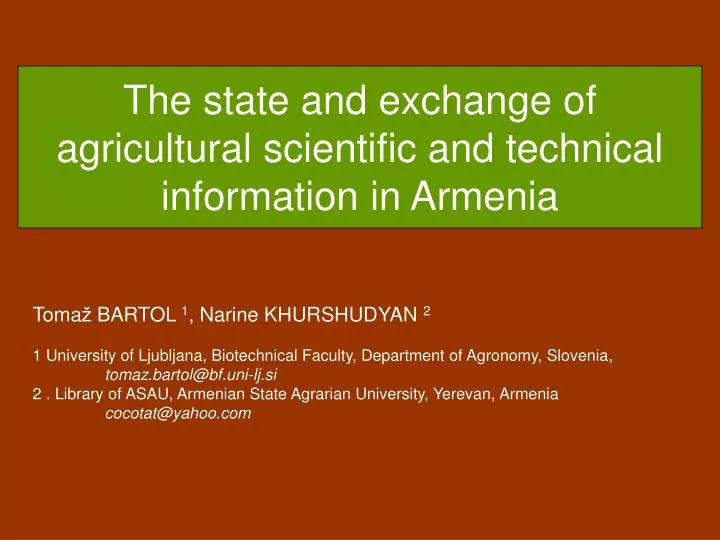 the state and exchange of agricultural scientific and technical information in armenia