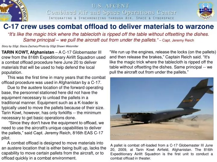 c 17 crew uses combat offload to deliver materials to warzone