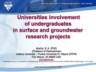 Universities involvement of undergraduates in surface and groundwater research projects