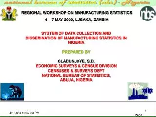 REGIONAL WORKSHOP ON MANUFACTURING STATISTICS 4 – 7 MAY 2009, LUSAKA, ZAMBIA
