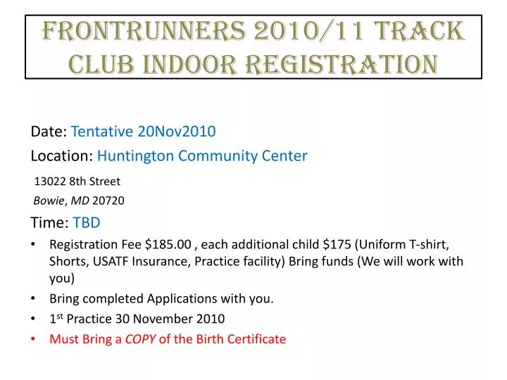 frontrunners 2010 11 track club indoor registration