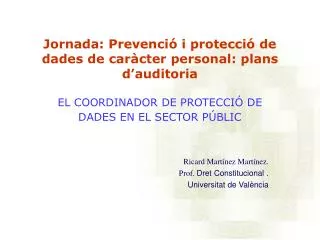 Jornada: Prevenció i protecció de dades de caràcter personal: plans d’auditoria EL COORDINADOR DE PROTECCIÓ DE DADES EN