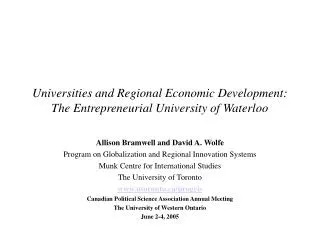 Universities and Regional Economic Development: The Entrepreneurial University of Waterloo