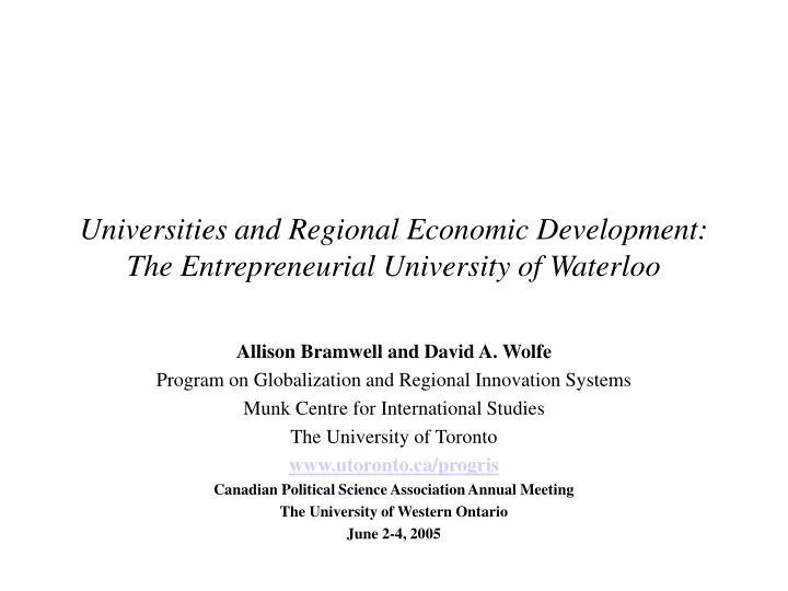universities and regional economic development the entrepreneurial university of waterloo