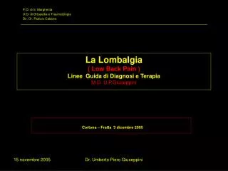 La Lombalgia ( Low Back Pain ) Linee Guida di Diagnosi e Terapia M.D. U.P.Giuseppini