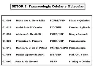 SETOR 1: Farmacologia Celular e Molecular