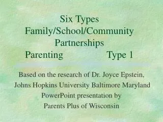 Six Types Family/School/Community Partnerships Parenting			Type 1