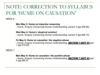 NOTE: CORRECTION TO SYLLABUS FOR ‘HUME ON CAUSATION’