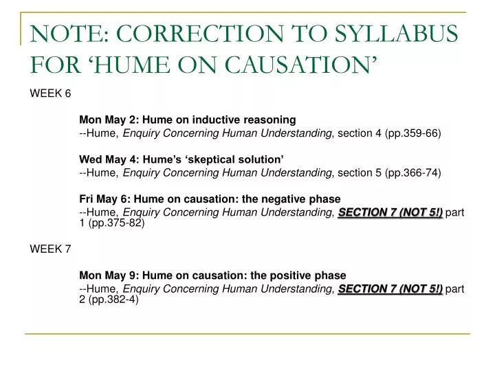 note correction to syllabus for hume on causation