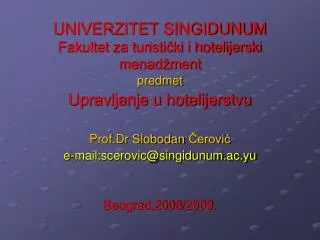 UNIVERZITET SINGIDUNUM Fakultet za turistički i hotelijerski menadžment