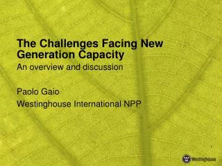 The Challenges Facing New Generation Capacity