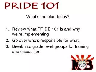 What’s the plan today? Review what PRIDE 101 is and why we’re implementing Go over who’s responsible for what.