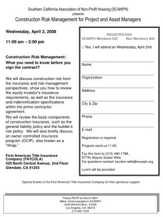 Southern California Association of Non-Profit Housing (SCANPH) presents Construction Risk Management for Project and As