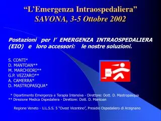 “L’Emergenza Intraospedaliera” SAVONA, 3-5 Ottobre 2002