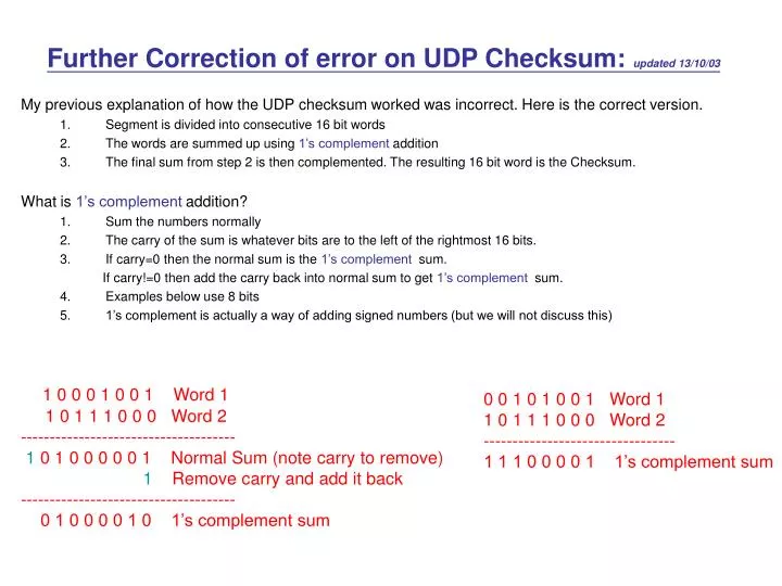 further correction of error on udp checksum updated 13 10 03