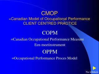 CMOP =Canadian Model of Occupational Performance CLIENT CENTRED PRACTICE