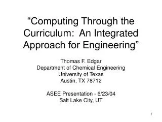 “Computing Through the Curriculum: An Integrated Approach for Engineering”