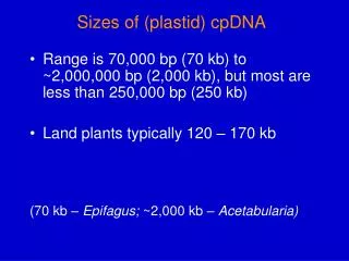 Sizes of (plastid) cpDNA
