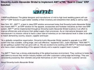 Sincerity/Justin Alexander Bridal to Implement AMT's(TM) "Be