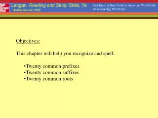 Objectives: This chapter will help you recognize and spell: Twenty common prefixes Twenty common suffixes Twenty common