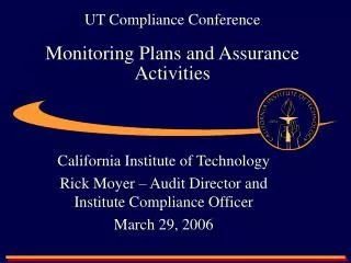 UT Compliance Conference Monitoring Plans and Assurance Activities
