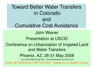 Toward Better Water Transfers in Colorado and Cumulative Cost Avoidance