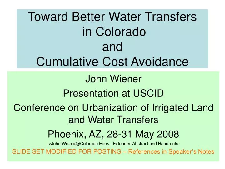 toward better water transfers in colorado and cumulative cost avoidance