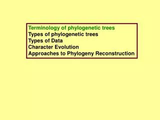 Terminology of phylogenetic trees Types of phylogenetic trees Types of Data Character Evolution Approaches to Phylogeny