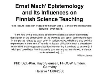 Ernst Mach’ Epistemology and Its Influences on Finnish Science Teaching