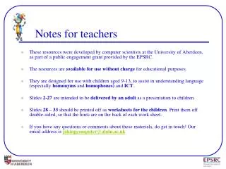 Notes for teachers