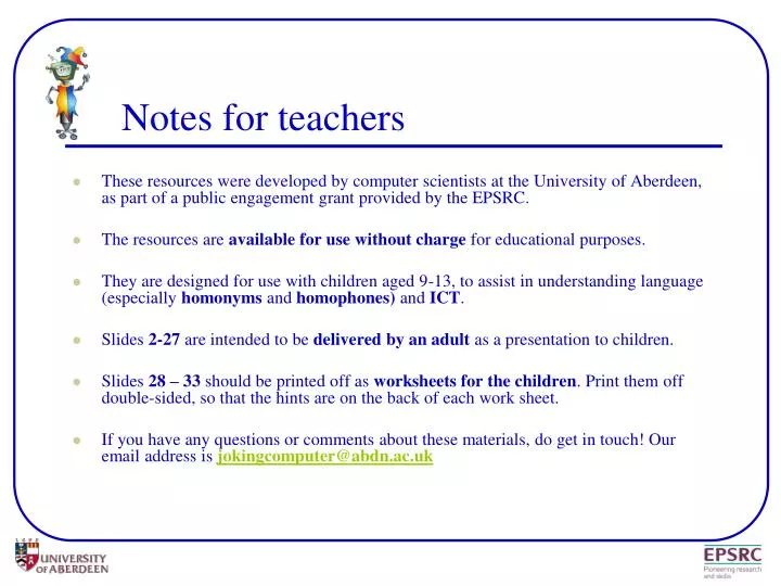 notes for teachers