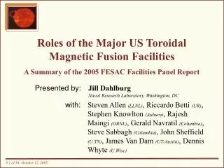 Roles of the Major US Toroidal Magnetic Fusion Facilities A Summary of the 2005 FESAC Facilities Panel Report
