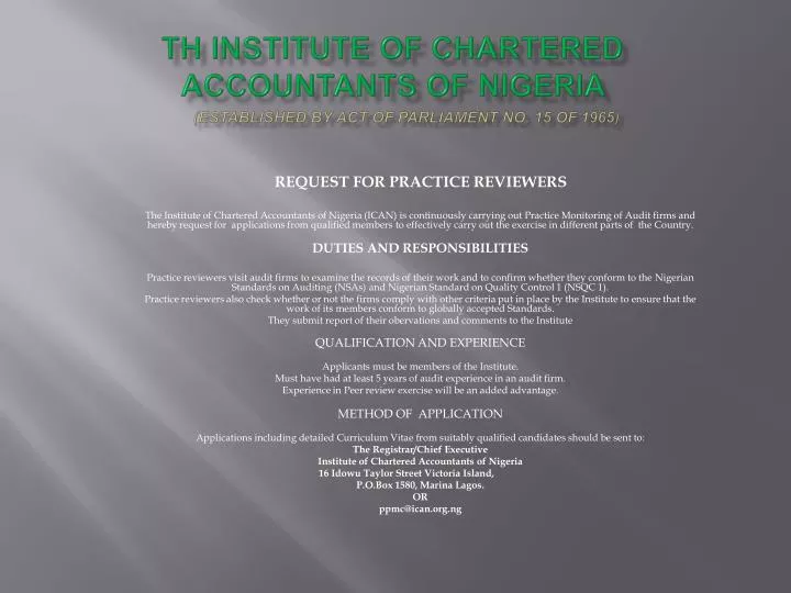 th institute of chartered accountants of nigeria established by act of parliament no 15 of 1965