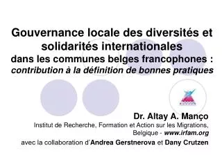 Gouvernance locale des diversités et solidarités internationales dans les communes belges francophones : contribution à
