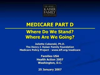 MEDICARE PART D Where Do We Stand? Where Are We Going?