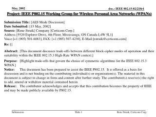 Project: IEEE P802.15 Working Group for Wireless Personal Area Networks (WPANs) Submission Title: [AES Mode Discussion]