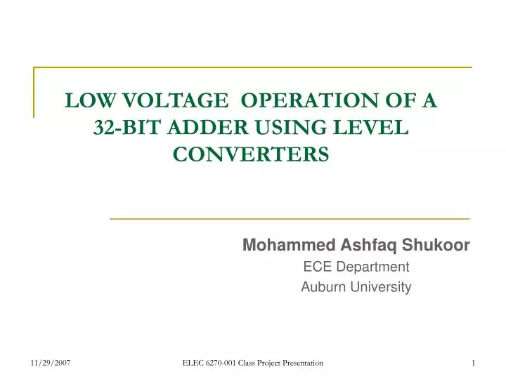 low voltage operation of a 32 bit adder using level converters