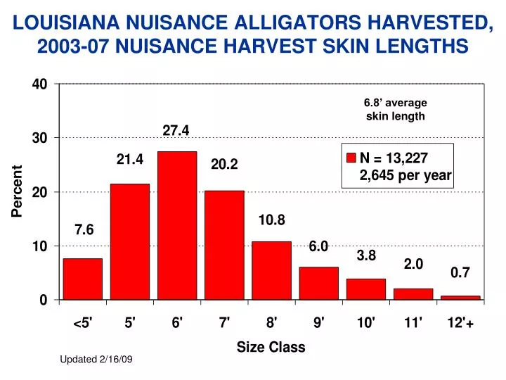 louisiana nuisance alligators harvested 2003 07 nuisance harvest skin lengths