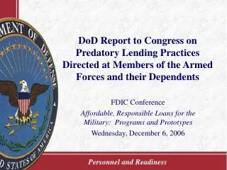 DoD Report to Congress on Predatory Lending Practices Directed at Members of the Armed Forces and their Dependents