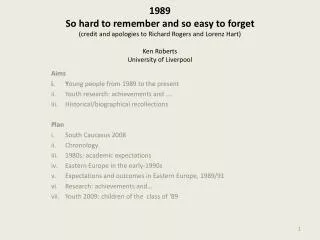1989 So hard to remember and so easy to forget (credit and apologies to Richard Rogers and Lorenz Hart) Ken Roberts Un