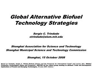 Global Alternative Biofuel Technology Strategies Sergio C. Trindade strindade@alum.mit.edu