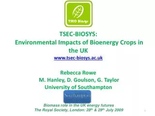 T SEC-BIOSYS: Environmental Impacts of Bioenergy Crops in the UK www.tsec-biosys.ac.uk Rebecca Rowe M. Hanley, D. Gouls