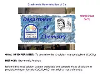 GOAL OF EXPERIMENT: To determine the % calcium in antacid tablets (CaCO 3 ) METHOD: Gravimetric Analysis.